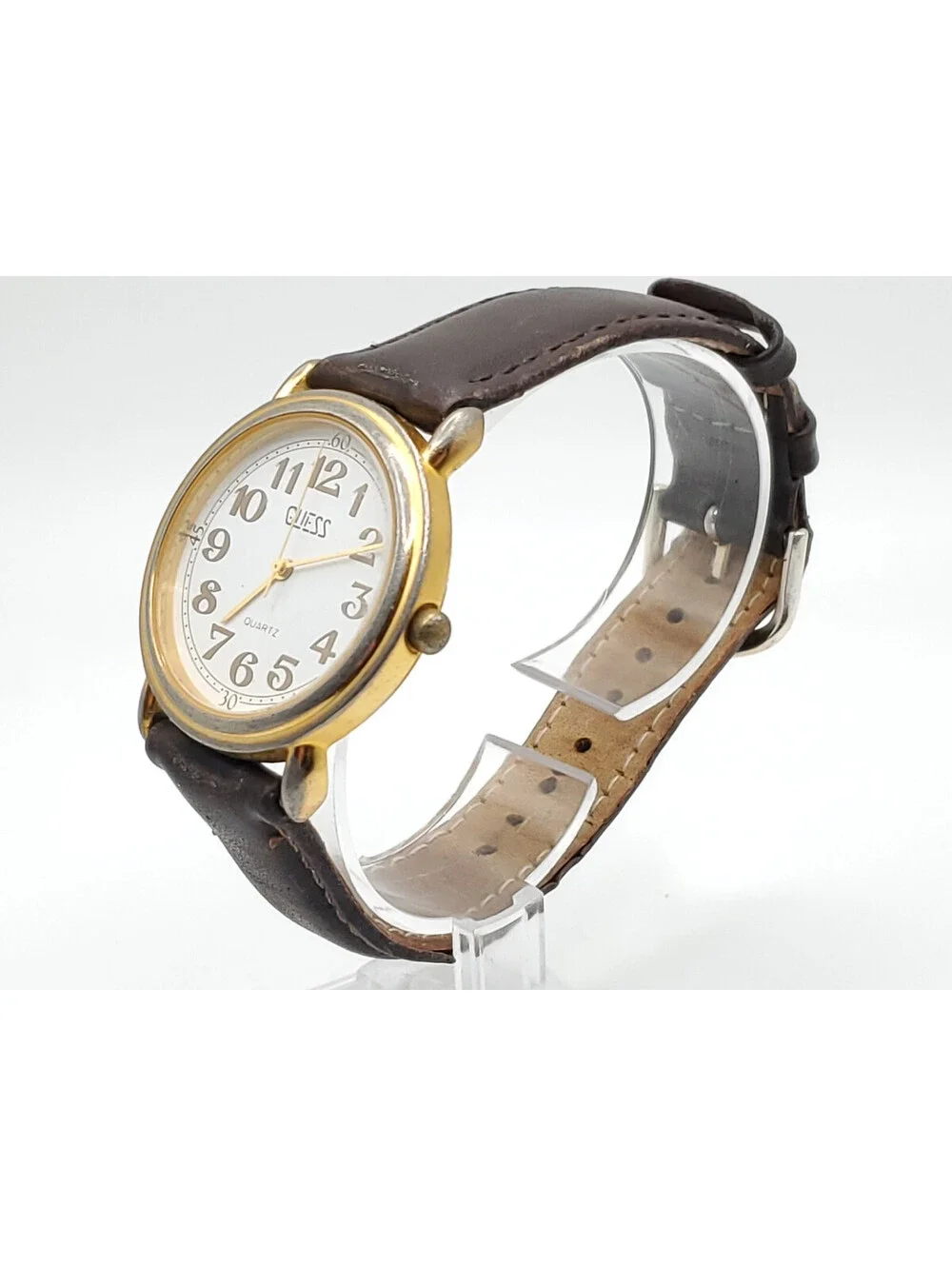 Vintage 1990 Guess Quartz Womens Watch New Battery White Dial Gold Tone 33mm
